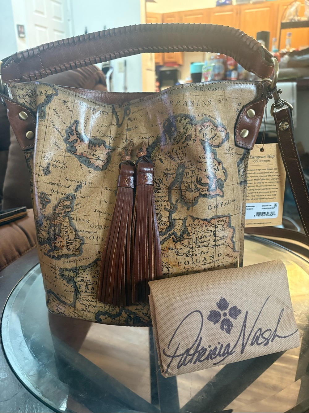 Patricia Nash Brown Map-Print Leather Tassel Messenger Bag
